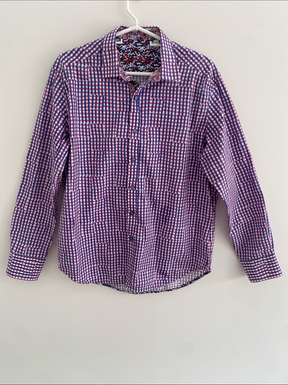 Robert Graham Perez Gingham Contrast Cuff Classic Fit Cotton Shirt Medium